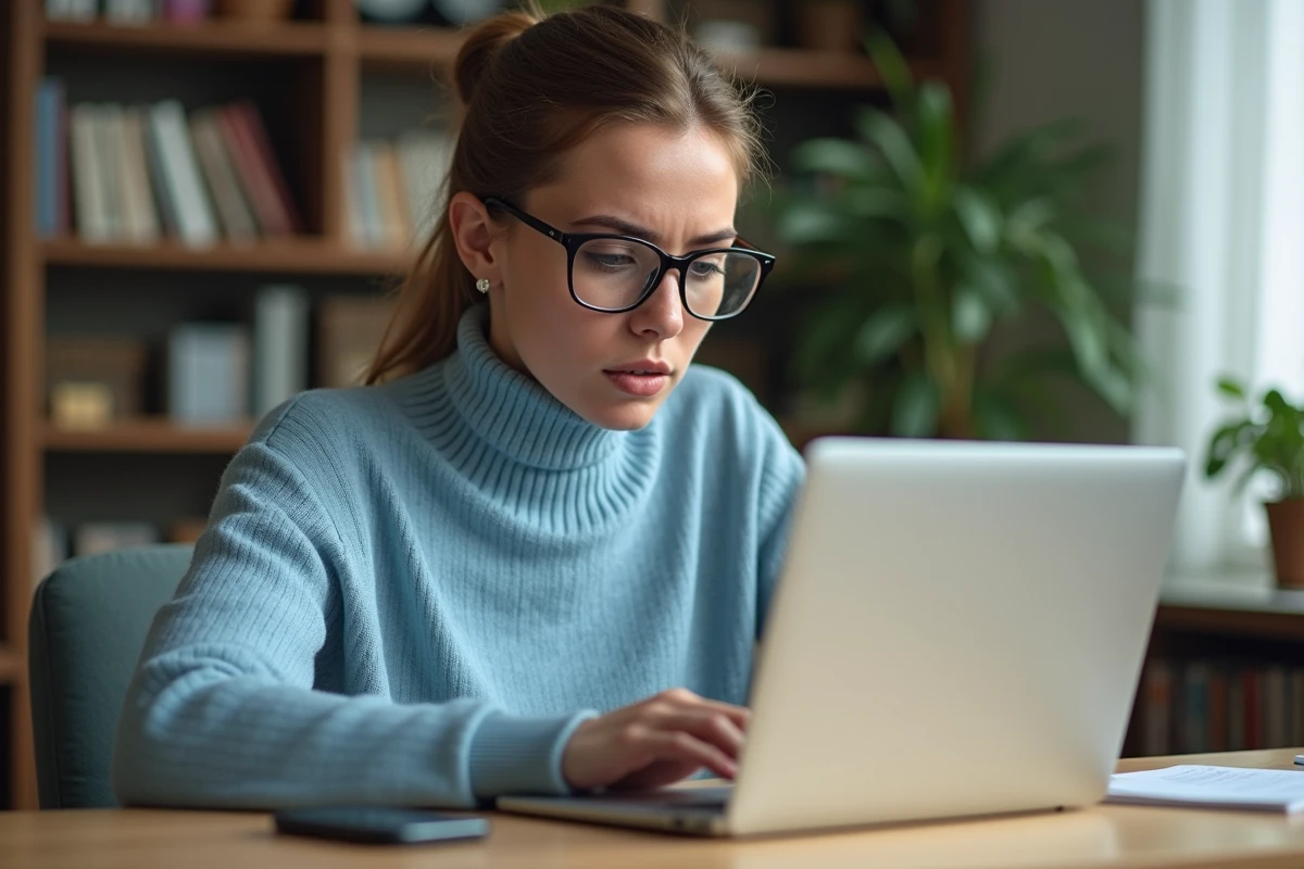 Jeune femme concentrée travaillant sur son ordinateur à la maison