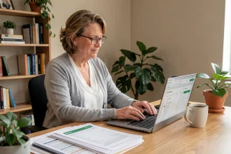 Femme tutrice organisant des comptes de tutelle sur un logiciel moderne en remplacement d'un tableau Excel imprimé