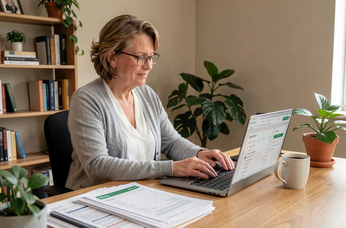 Femme tutrice organisant des comptes de tutelle sur un logiciel moderne en remplacement d'un tableau Excel imprimé