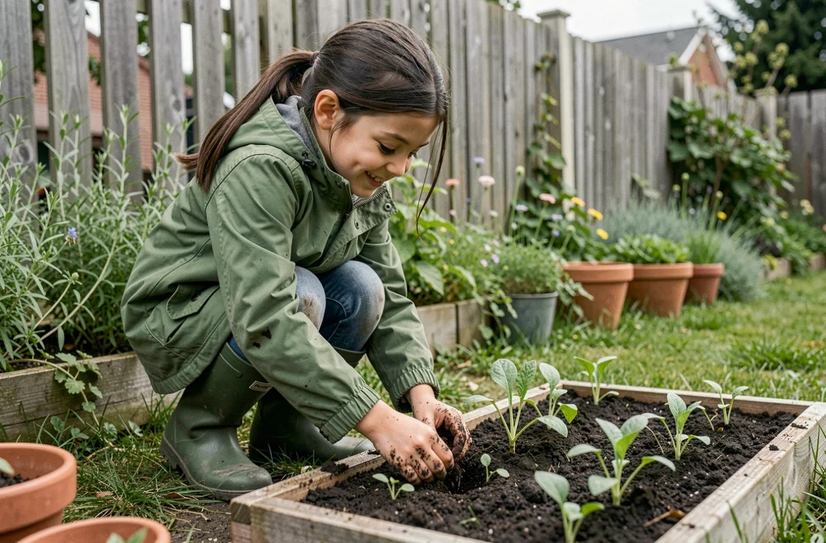 Jeune fille de 12 ans plantant des graines dans un jardin, activité nature idéale comme cadeau pour décrocher des écrans