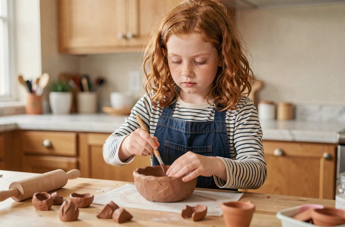 Préadolescente de 12 ans modelant de l'argile en cuisine, idée cadeau créatif pour décrocher des écrans