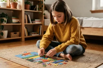 Fille de 12 ans assemblant un puzzle coloré sur le sol de sa chambre, activité créative sans écran