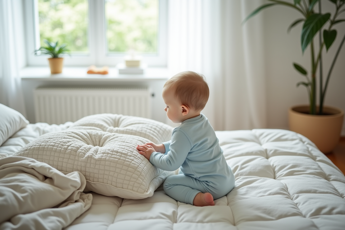 Fille de 12 mois sur un grand lit avec oreiller et couverture