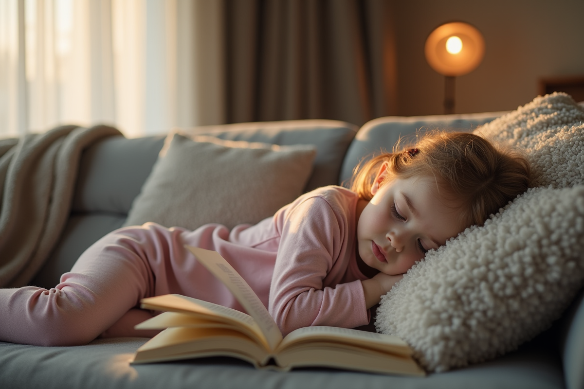 Jeune fille endormie sur le canapé avec livre dans un salon calme