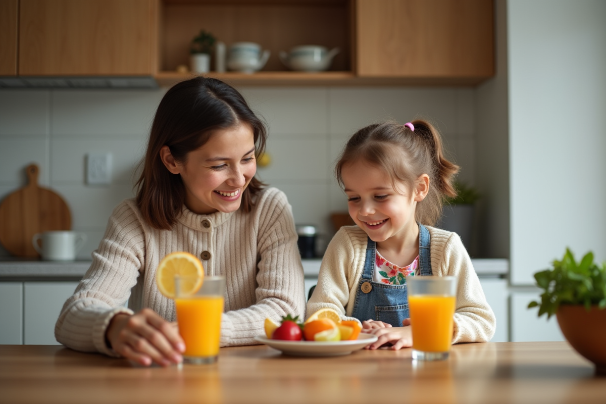 Jeune fille de 7 ans avec sa mère autour d'un repas sain
