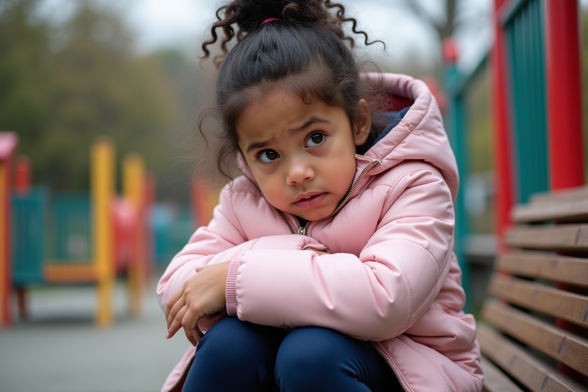 Fille de 6 ans assise sur un banc de jeux en plein air