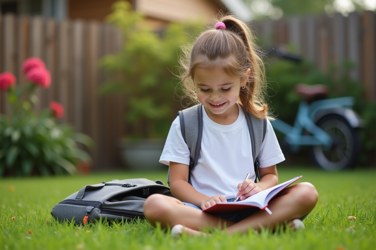 Fille de 11 ans souriante lisant dans le jardin en été