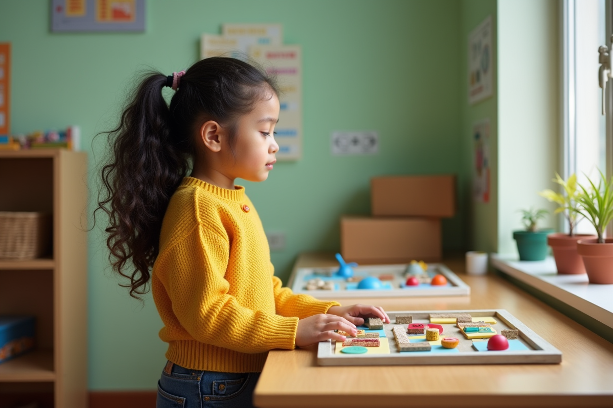Fille de 9 ans regardant un tableau tactile en classe