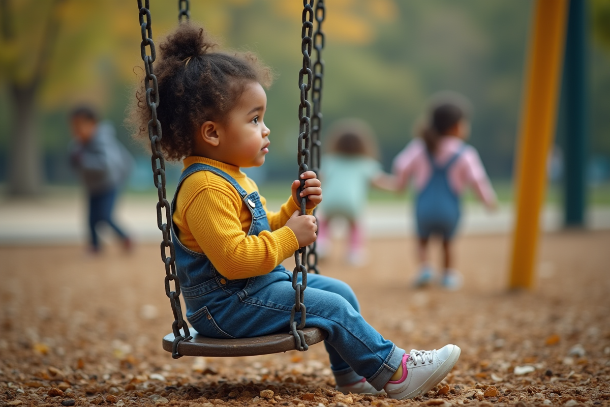 Fille de quatre ans assise sur une balançoire dans un parc