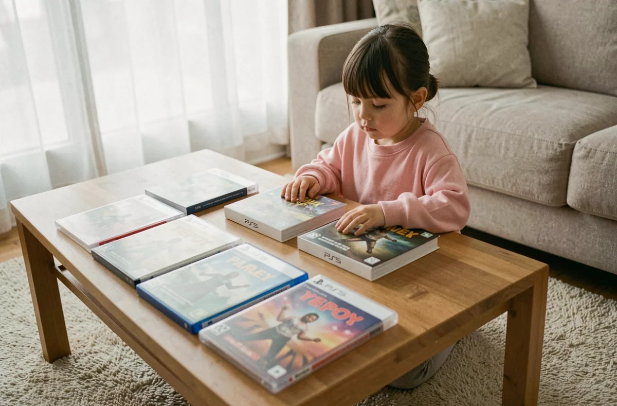 Petite fille examinant plusieurs jeux PS5 posés sur une table basse à la maison