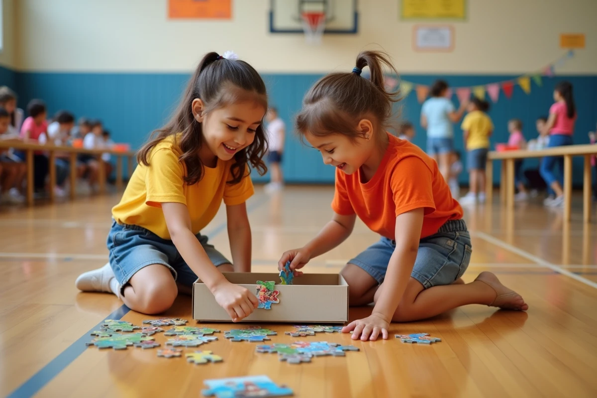 Deux filles assemblant un puzzle dans une salle de sport
