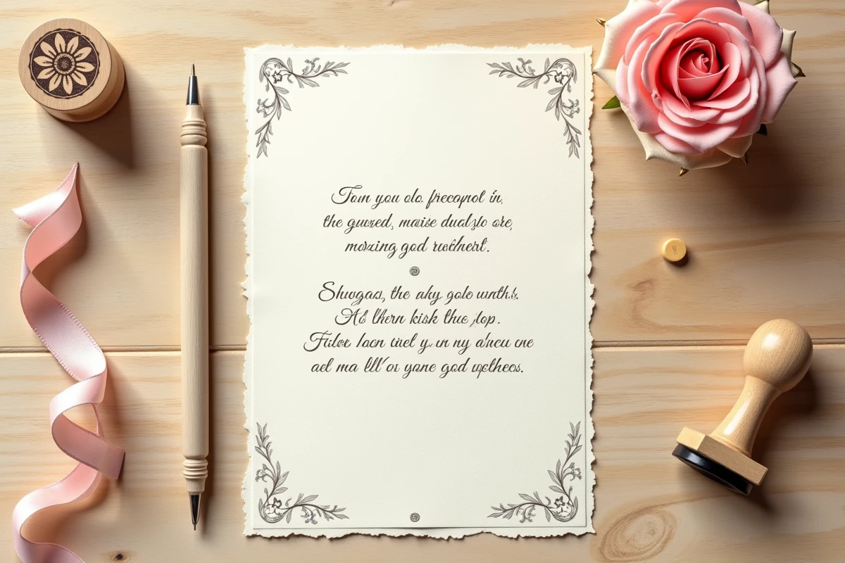 Flat lay d'un poème imprimé pour une marraine sur papier ivoire avec stylo plume et rose séchée, modèle à imprimer élégant