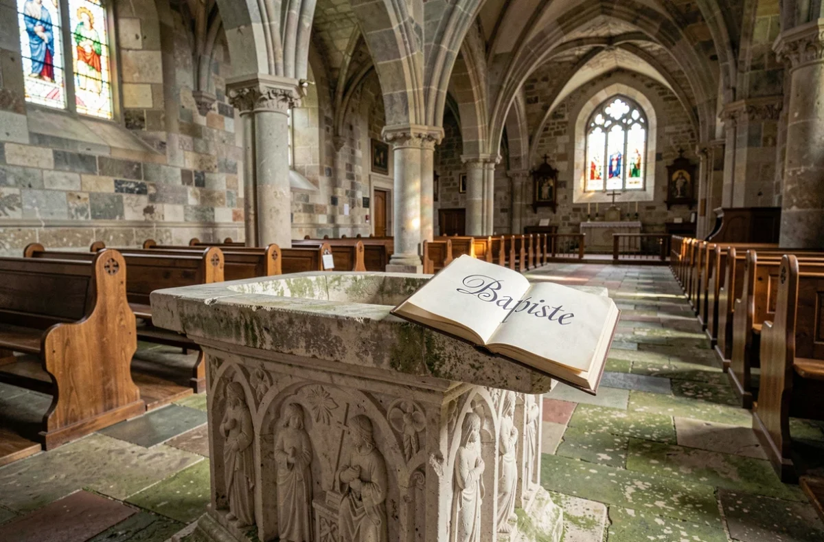 Fonts baptismaux en pierre ancienne dans une église romane française avec un livre ouvert montrant le prénom Baptiste en calligraphie
