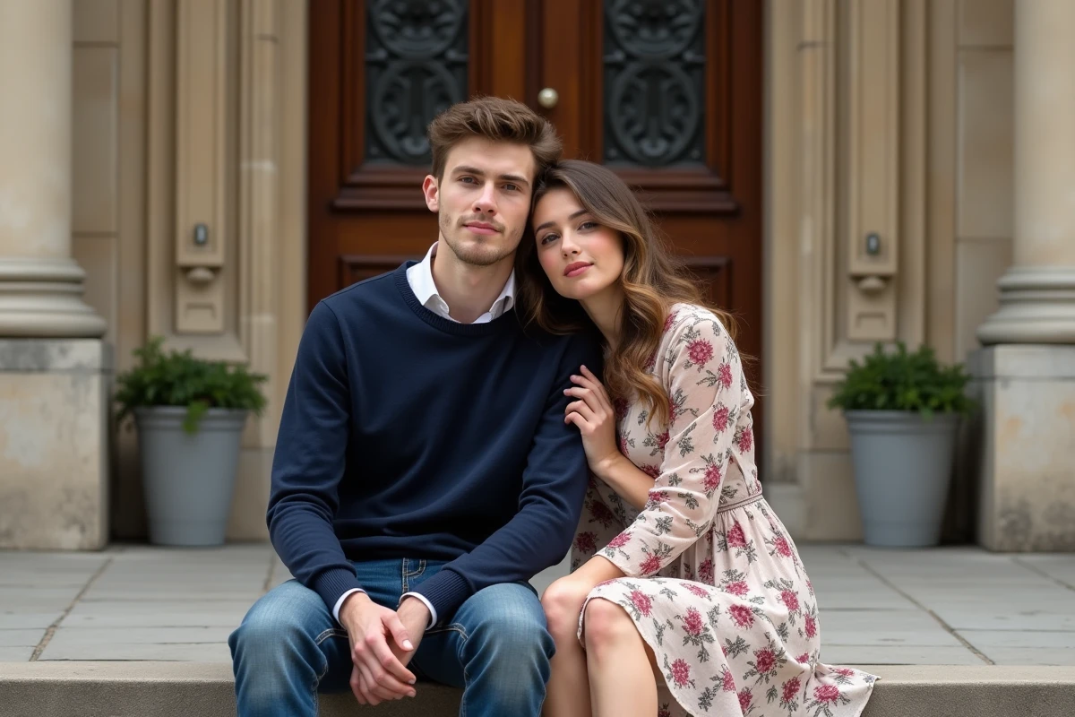 Deux jeunes adultes frère et sœur assis sur les marches d'un immeuble parisien classique avec architecture en pierre