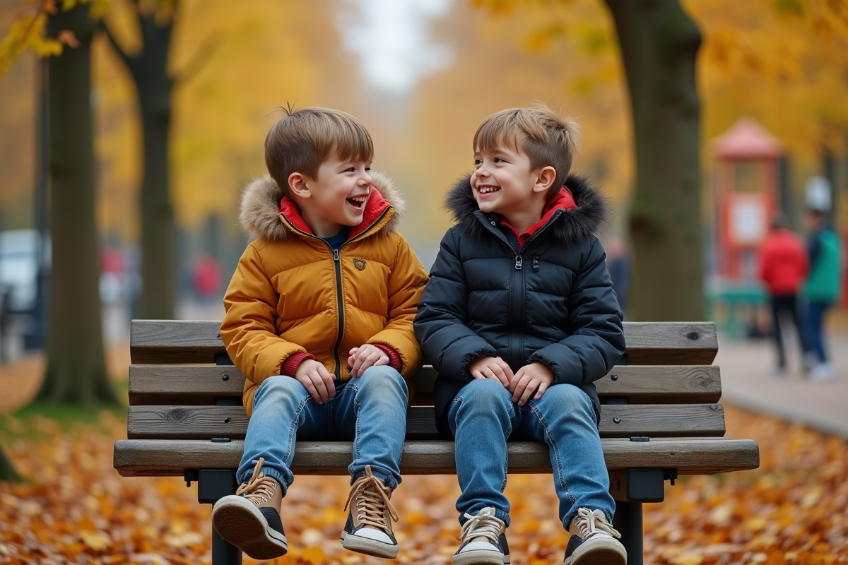 Deux frères jumeaux jouant sur un banc dans un parc en automne