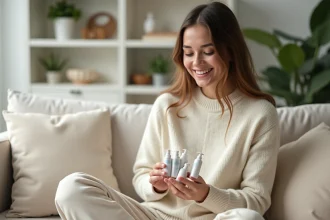 Future maman souriante tenant des échantillons gratuits de produits bébé sur un canapé en lin beige dans un intérieur scandinave
