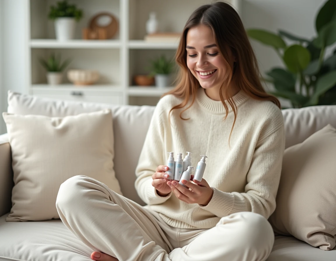 Future maman souriante tenant des échantillons gratuits de produits bébé sur un canapé en lin beige dans un intérieur scandinave