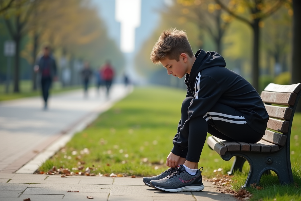 Jeune garçon en tenue de sport préparant à courir dans un parc urbain