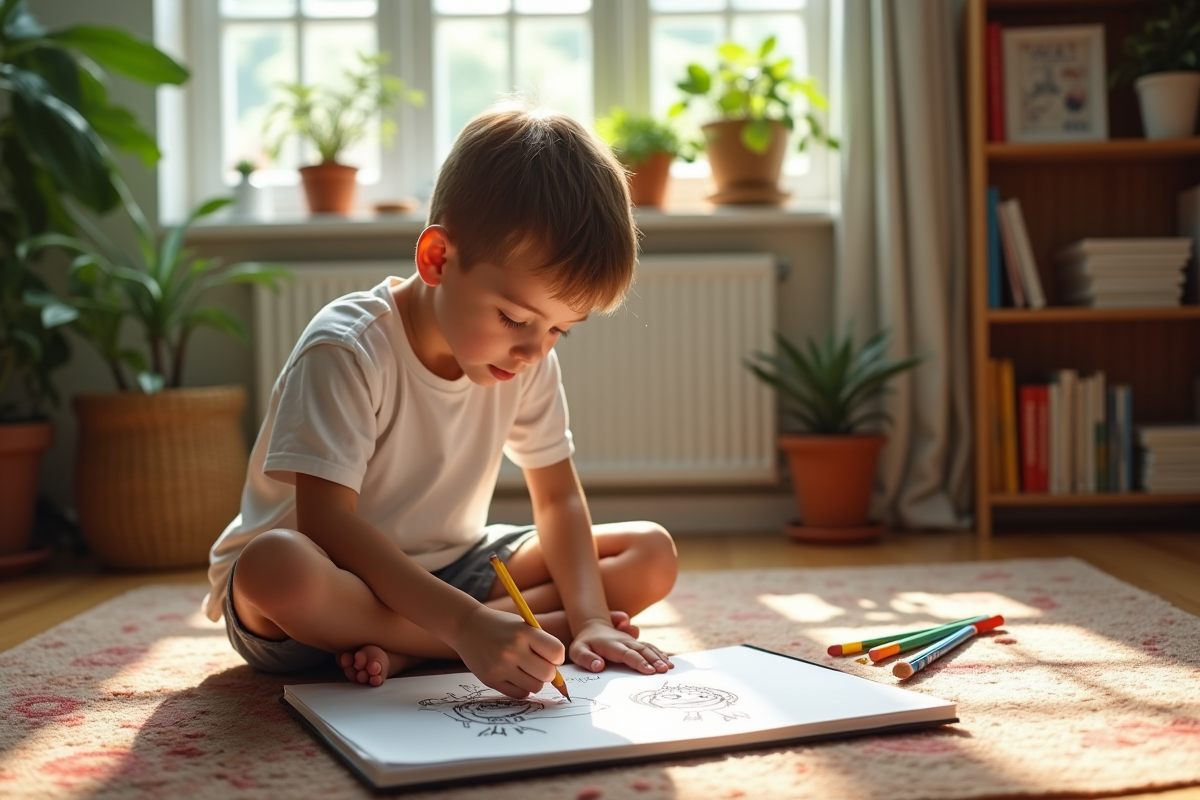 Garçon de 12 ans dessinant dans un salon ensoleille