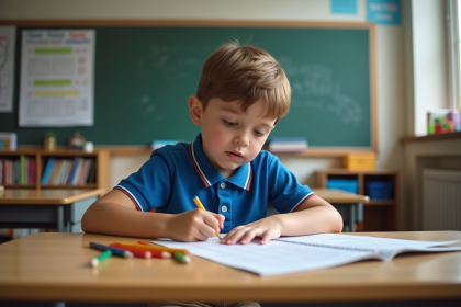 Garçon de 7 ans concentré sur un cahier en classe