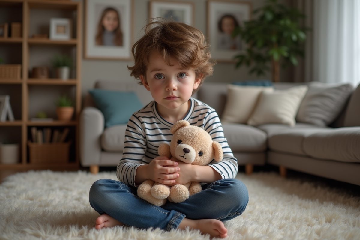 Garçon de 6 ans avec regard vulnérable et jouet en peluche