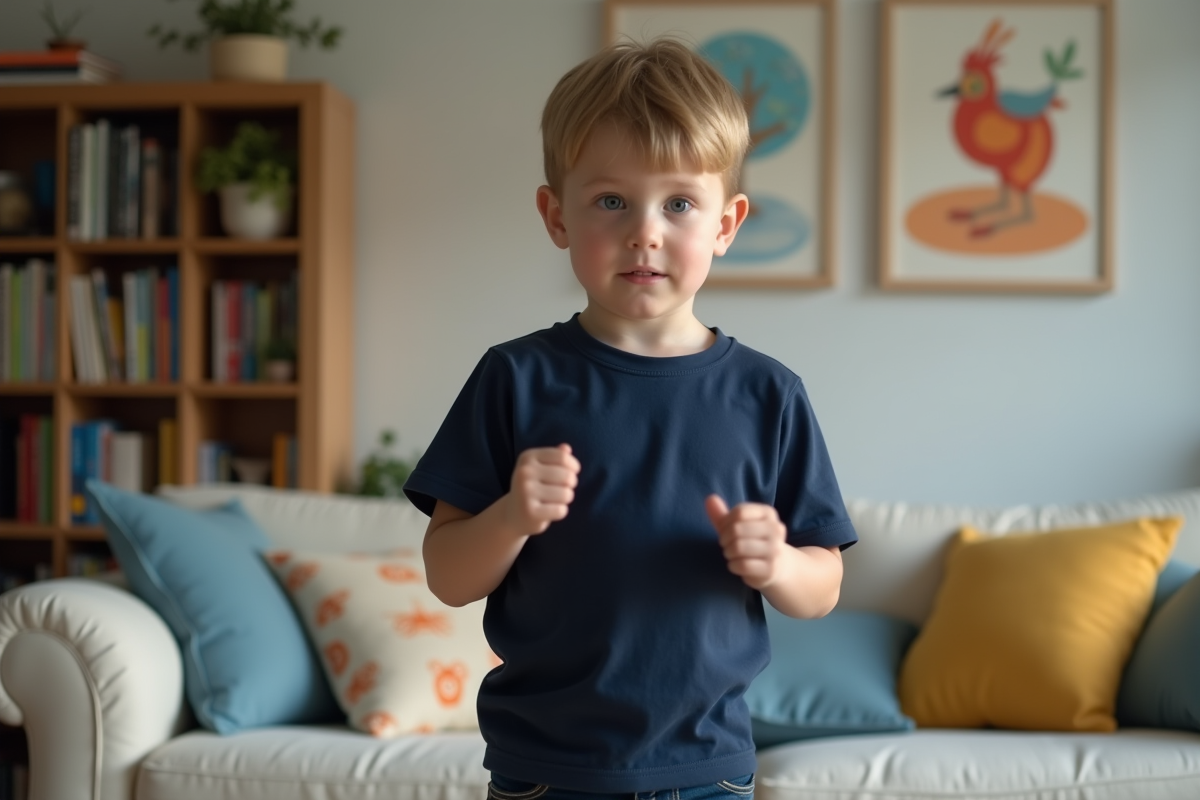 Jeune garçon concentré dans un salon chaleureux