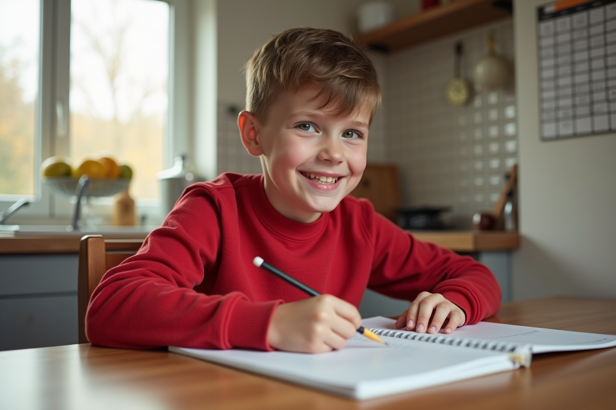Garçon de 11 ans faisant ses devoirs à la cuisine