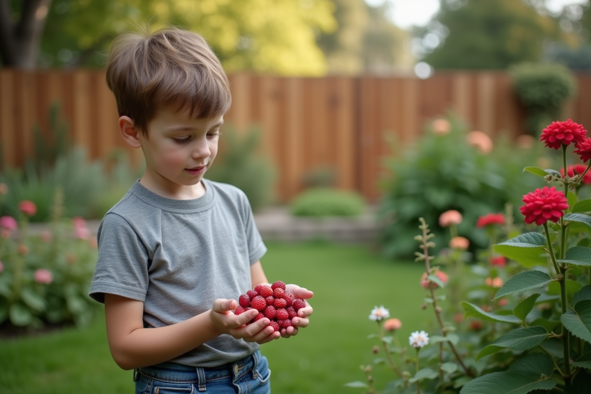 Garçon de 9 ans dans le jardin cueillant des baies