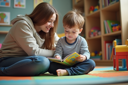 Garçon de trois ans lisant un livre dans un espace coloré