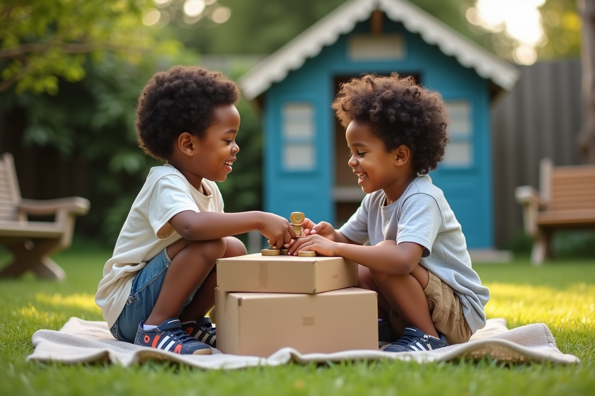 Deux garçons construisent un magasin avec des cartons dans le jardin