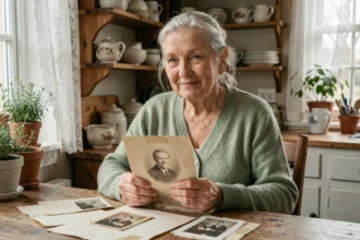 Une grand-mère aux cheveux argentés tient une vieille photographie de famille à une table en bois couverte de souvenirs et de lettres manuscrites, évoquant la transmission de la mémoire familiale