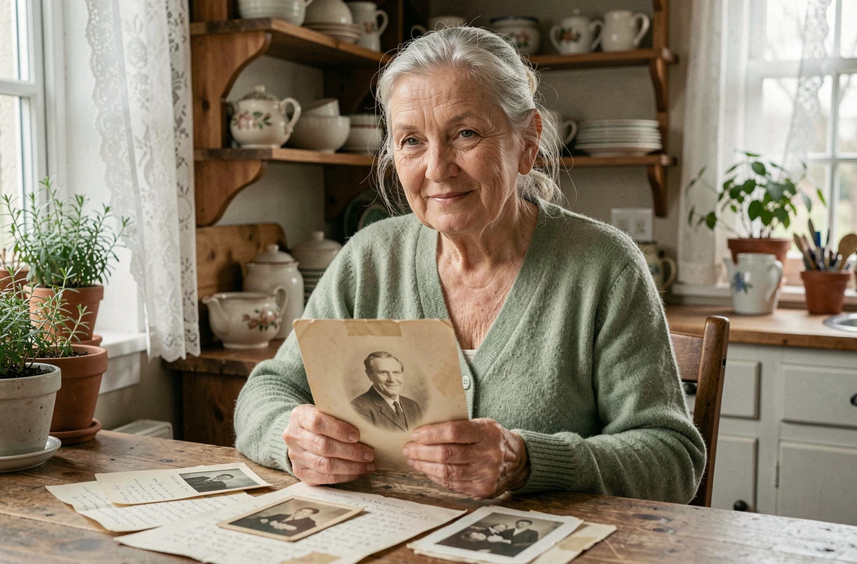 Une grand-mère aux cheveux argentés tient une vieille photographie de famille à une table en bois couverte de souvenirs et de lettres manuscrites, évoquant la transmission de la mémoire familiale