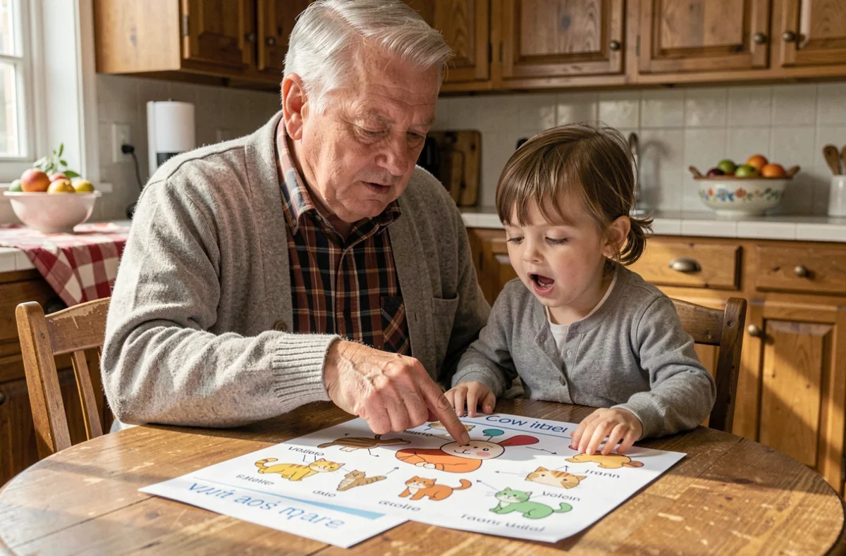Grand-père et petite-fille explorant des cartes de vocabulaire illustrées avec des chats à la table de cuisine