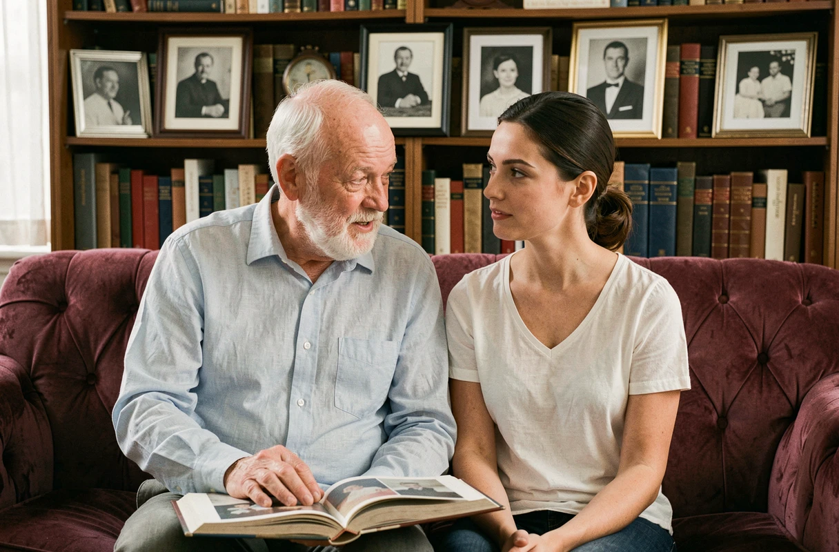 Un grand-père et sa petite-fille adulte partagent un moment de transmission mémorielle sur un canapé entouré d'albums de famille et de portraits anciens dans un appartement chaleureux
