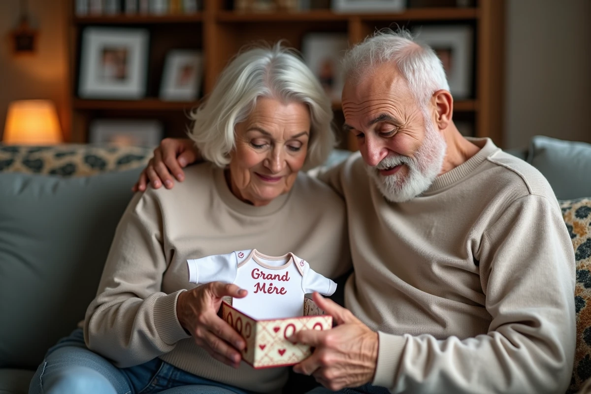 Couple de grands-parents ouvrant un cadeau personnalisé annonçant l'arrivée d'un bébé, avec un body brodé tenu dans les mains, expression émue et surprise