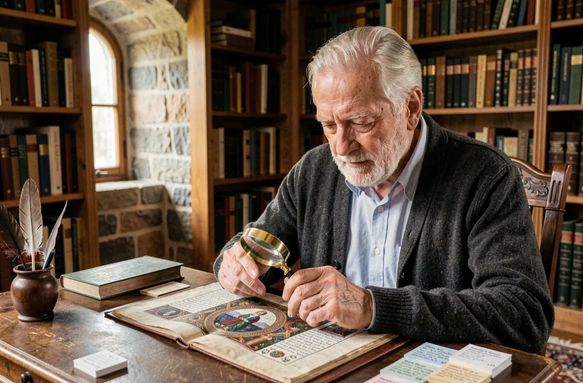 Historien âgé examinant un manuscrit ancien pour retracer les origines historiques du prénom Lisa