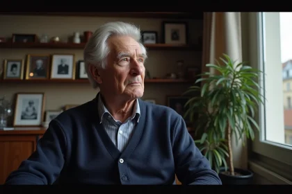 Homme âgé assis près d'une fenêtre parisienne en réflexion