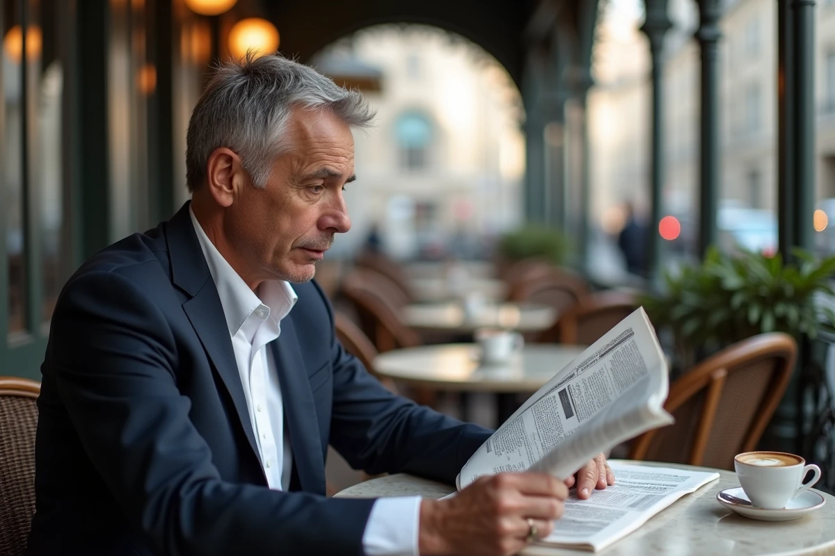 Homme lisant un journal en terrasse de café parisien, image symbolisant la curiosité publique autour de la vie privée d'une personnalité française