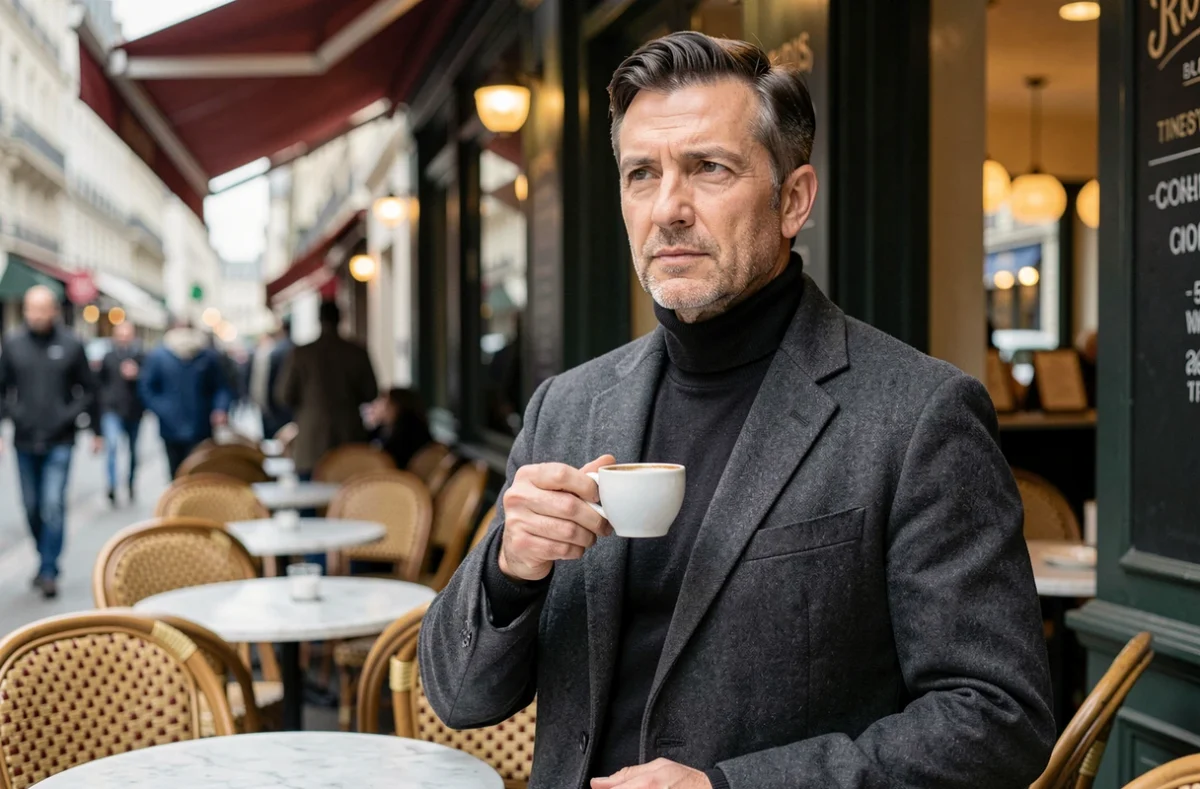 Homme élégant devant un café parisien tenant un expresso, image illustrant la vie personnelle du mari d'une journaliste connue