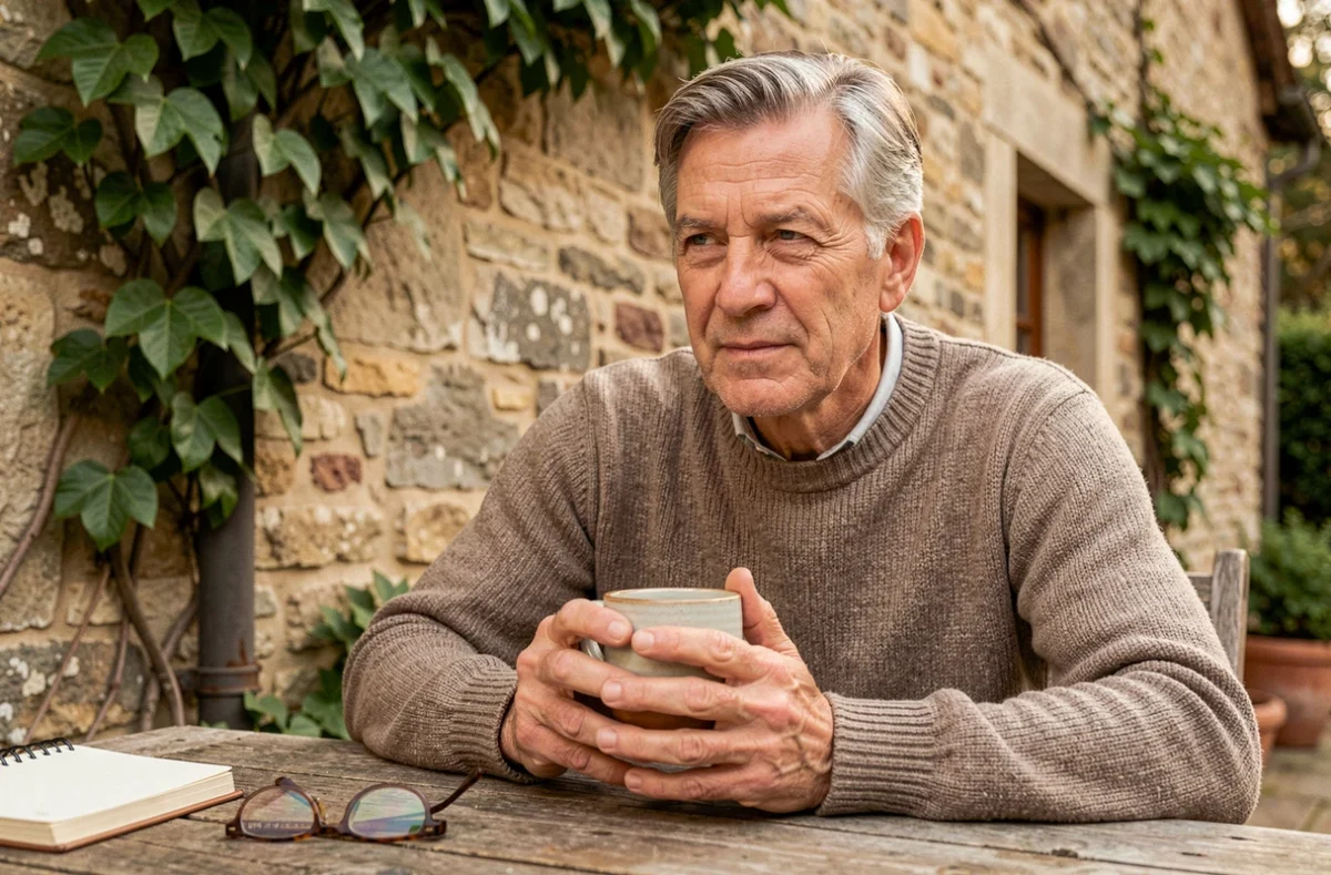Homme détendu prenant un café sur une terrasse en pierre, illustrant un nouveau chapitre de vie personnelle en 2026