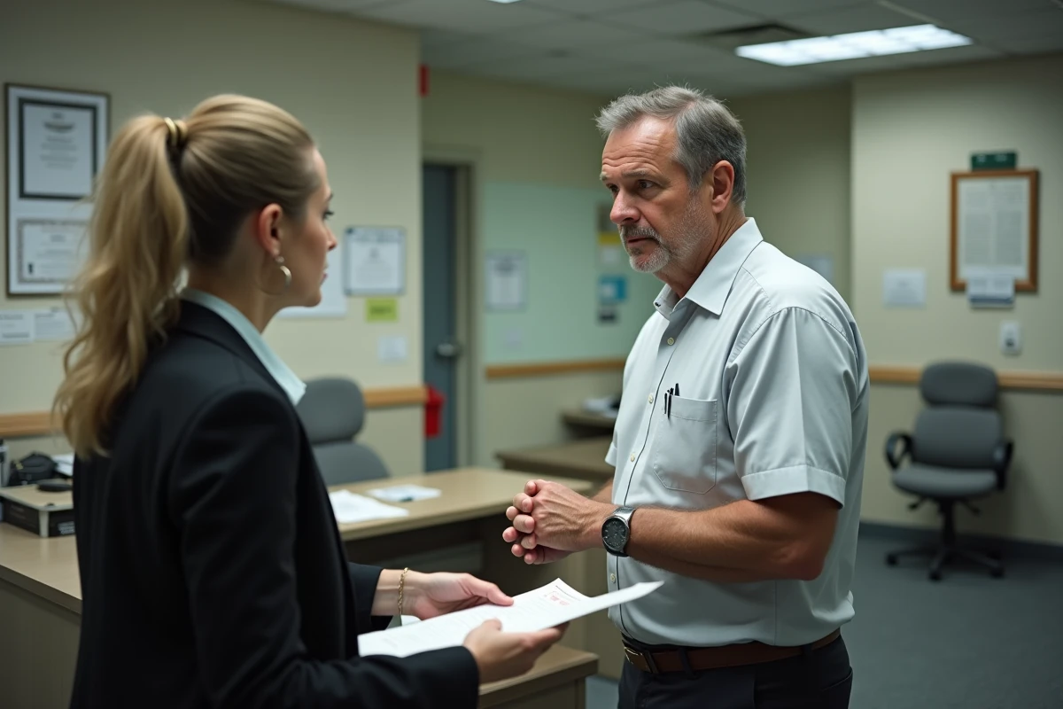 Homme préoccupé parle avec une femme en costume dans un bureau officiel
