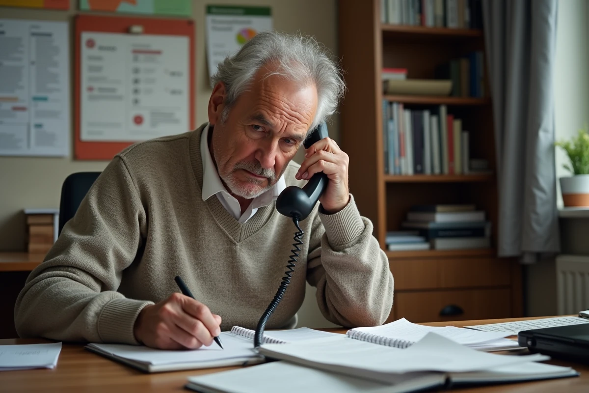Homme français âgé au bureau à domicile en train de prendre des notes
