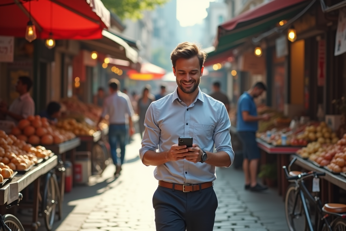 Jeune homme souriant dans un marché animé en plein air