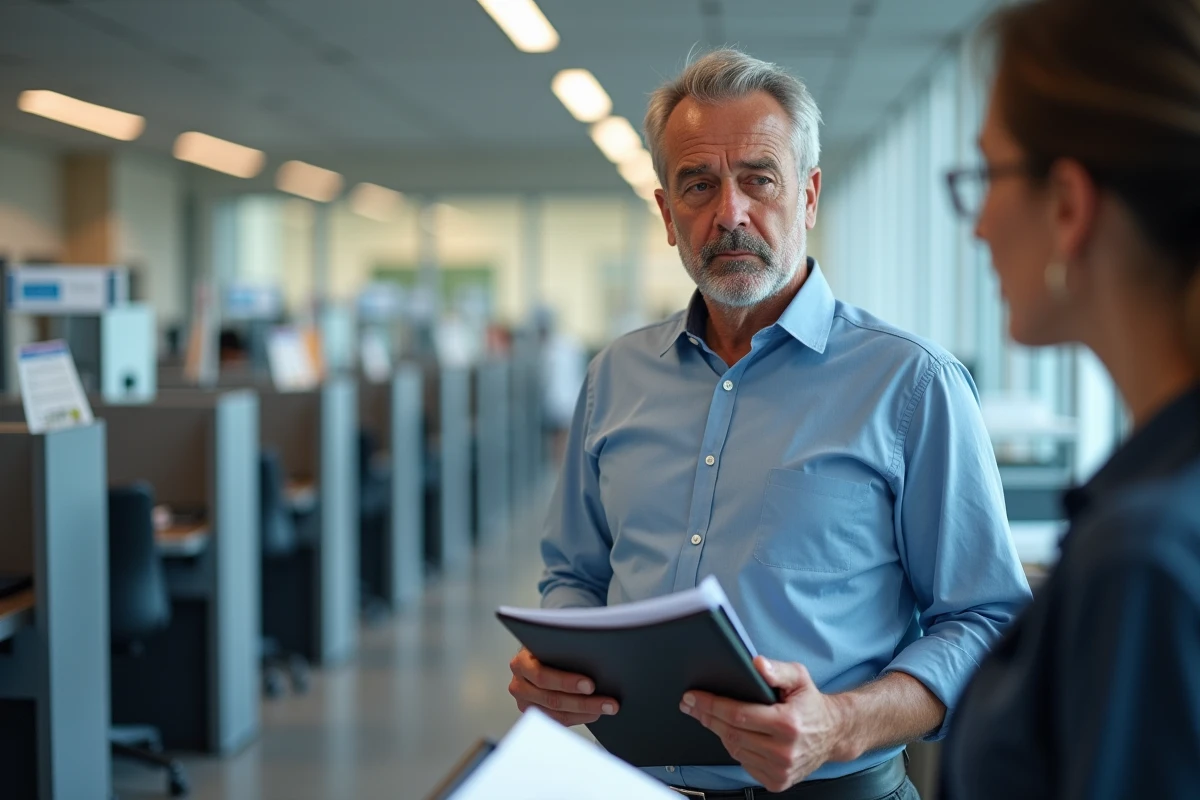 Homme parlant avec un agent dans un bureau administratif