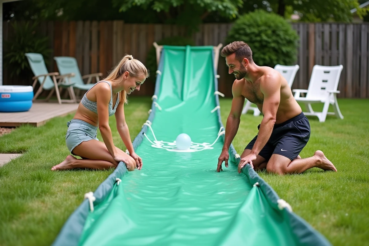 Parents installant et aménageant une bâche ventriglisse dans le jardin avec protections en mousse et piscine gonflable au bas de la pente