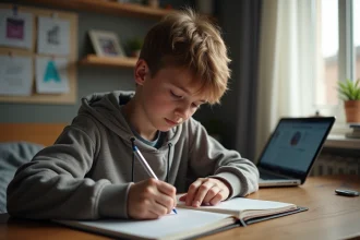 Jeune garçon de 15 ans écrit à son bureau dans sa chambre