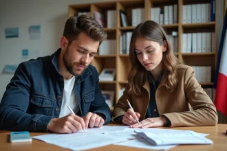Jeune couple vérifiant leurs documents PACS dans un bureau moderne