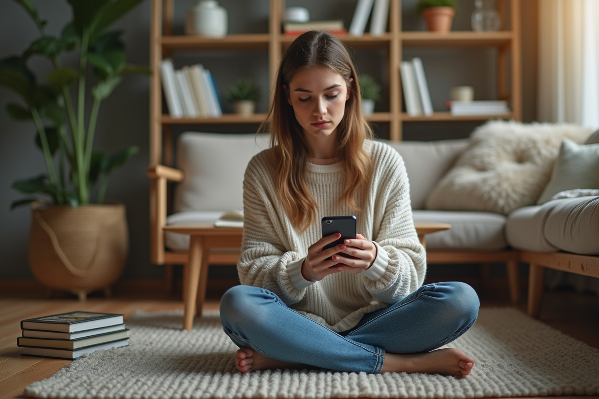 Jeune femme assise sur un sol en bois dans un salon cozy