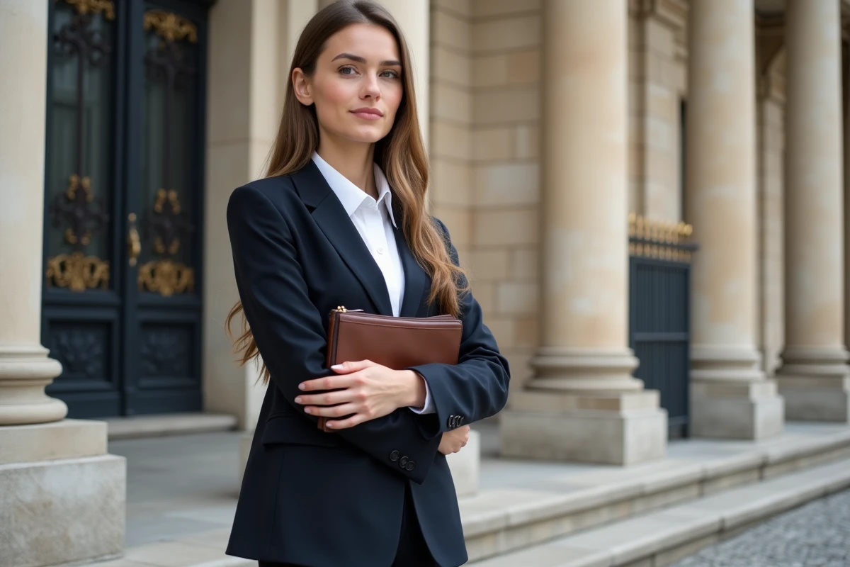 Jeune femme professionnelle debout devant un bâtiment institutionnel français, symbolisant l'engagement politique de la nouvelle génération