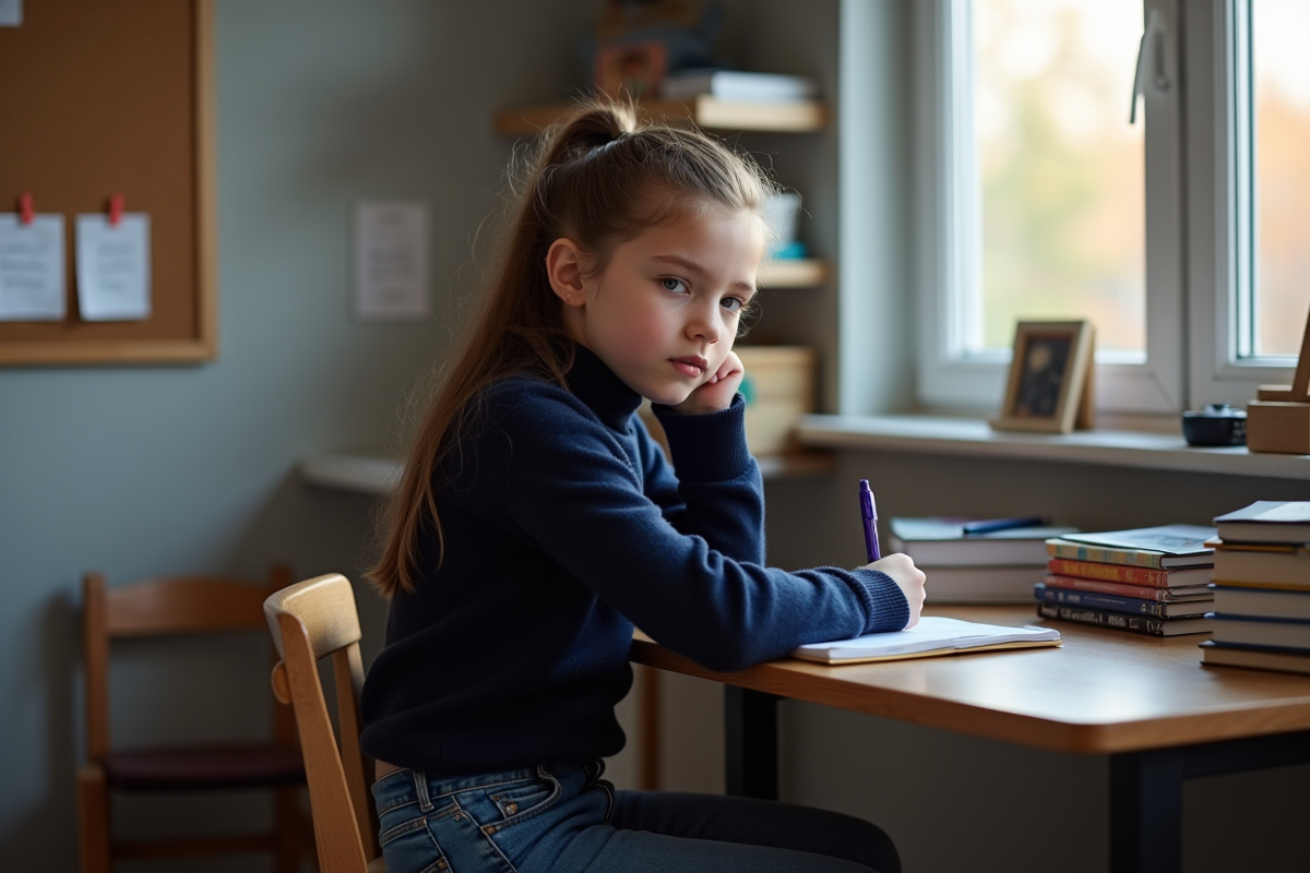 Jeune fille de 15 ans écrivant dans un carnet dans sa chambre